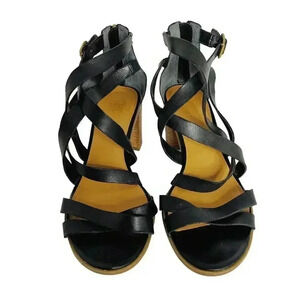 Franco Sarto Black Leather Heeled Sandals Strappy Women's Size 9.5